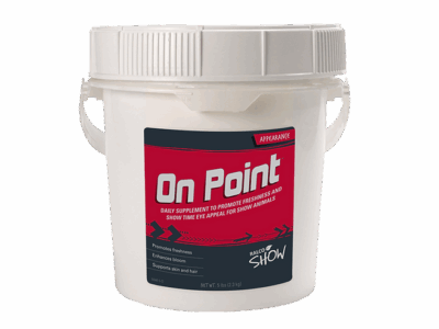 On Point is a daily show animal supplement in a white plastic tub with handles, featuring a red and black label that highlights freshness, bloom, and skin support.