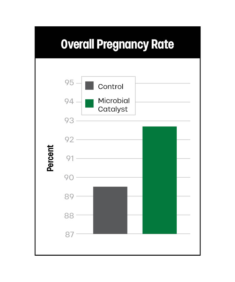 Bar chart titled "Overall Pregnancy Rate" comparing Control and Microbial Catalyst groups. Control has a lower percentage, while Microbial Catalyst reaches about 92%. Percent axis ranges from 87 to 95.