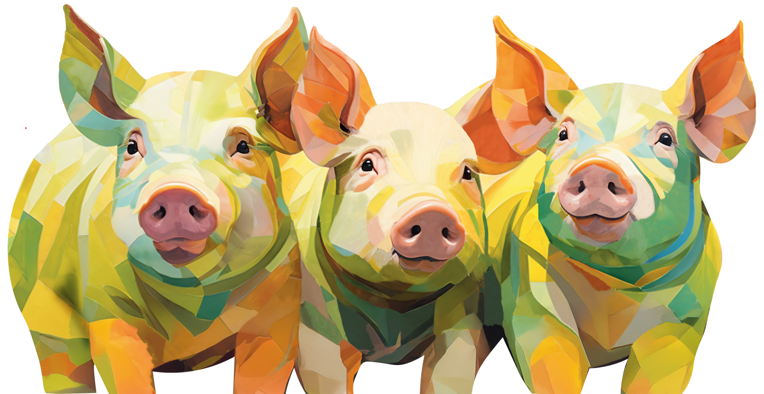 Colorful, stylized illustration of three pigs standing side by side, facing forward. The pigs have a patchwork of bright colors, including yellow, green, pink, and orange.