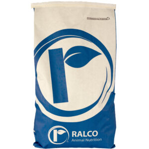 A blue and white bag labeled "RALCO Animal Nutrition" featuring a large circular logo with a stylized leaf inside. The bag appears to be packaging for animal feed or nutritional supplements.