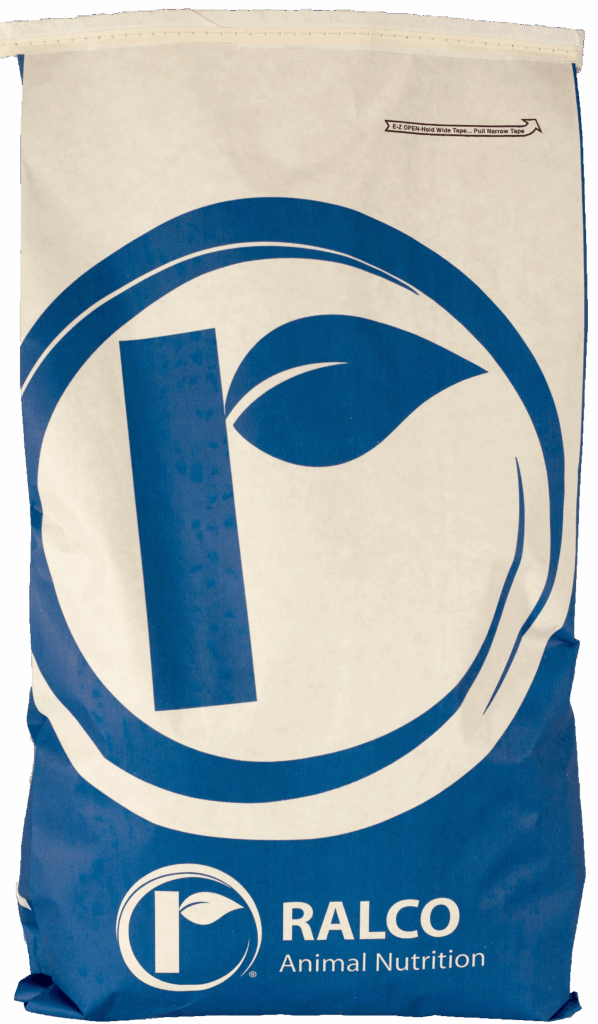 A blue and white animal feed bag labeled "Poultry Max" featuring a large stylized logo of a leaf inside a circle.