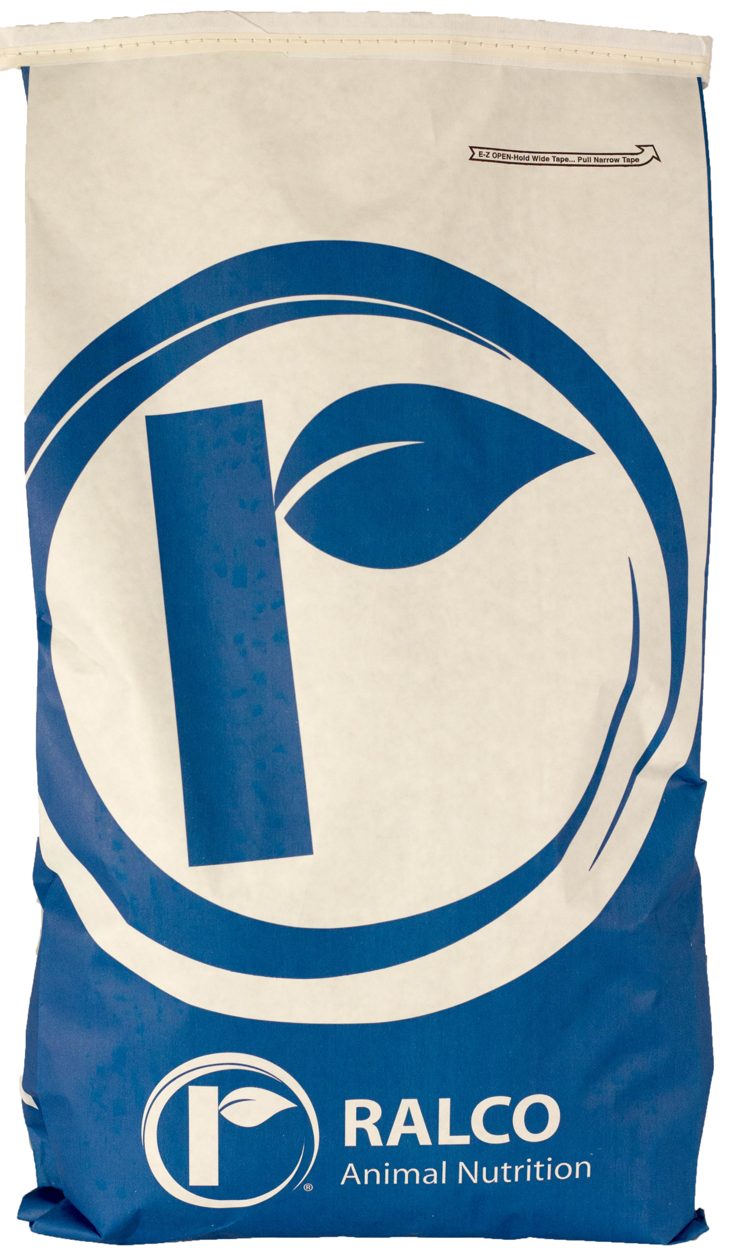 A blue and white animal feed bag labeled "Poultry Max" featuring a large stylized logo of a leaf inside a circle.