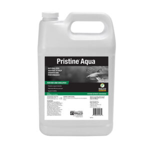Pristine Aqua is a white plastic gallon jug from Ralco for fish and shellfish feed, featuring images of fish along with product details and usage instructions on the label.
