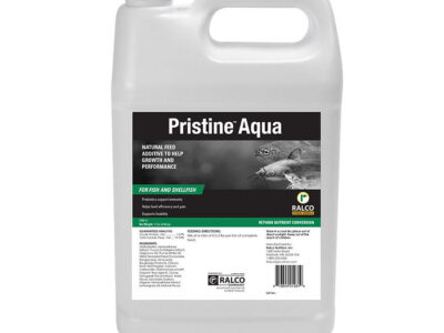 Pristine Aqua is a white plastic gallon jug from Ralco for fish and shellfish feed, featuring images of fish along with product details and usage instructions on the label.