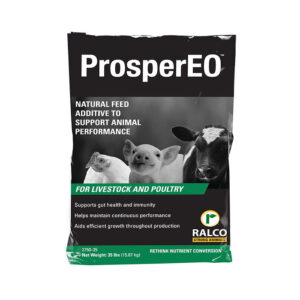 A black and white bag labeled "ProsperEO Dry OMRI Listed" shows a piglet, chick, and calf. It is a natural feed additive for livestock and poultry that supports health, immunity, and performance.