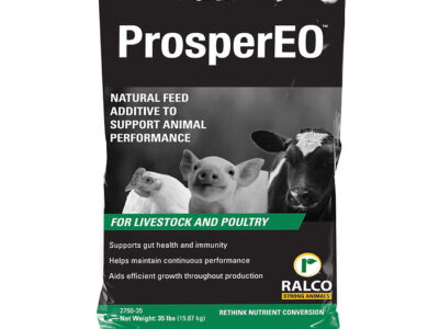 A black and white bag labeled "ProsperEO Dry OMRI Listed" shows a piglet, chick, and calf. It is a natural feed additive for livestock and poultry that supports health, immunity, and performance.