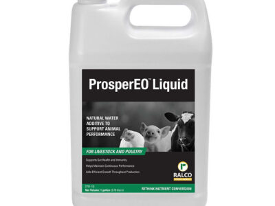 A 1-gallon white container of ProsperEO Liquid by Ralco, featuring a piglet, chick, and cow on the label. It’s a water additive for livestock and poultry to support animal performance.