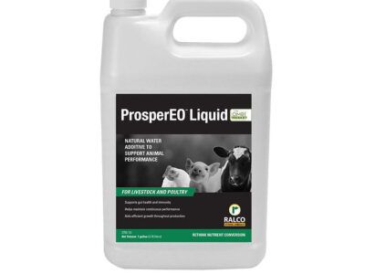 A white plastic gallon jug labeled "ProsperEO Liquid OMRI Listed" with images of a piglet, lamb, and cow on the front, marketed as a water additive to support livestock and poultry performance.