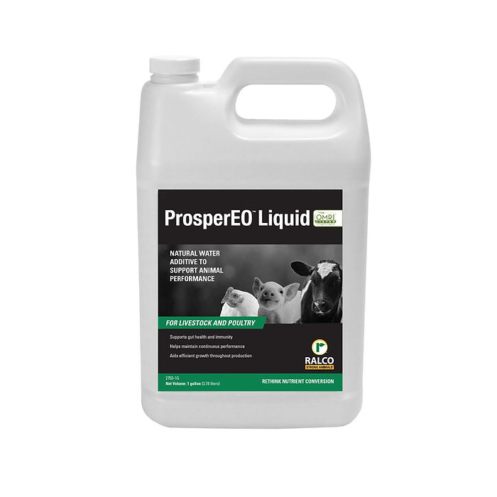 A white plastic gallon jug labeled "ProsperEO Liquid OMRI Listed" with images of a piglet, lamb, and cow on the front, marketed as a water additive to support livestock and poultry performance.