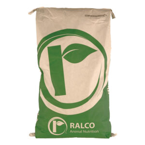 A large beige and green sack labeled "Ral-Calm" with a stylized leaf logo on the front. The full bag is sealed at the top with folded edges.