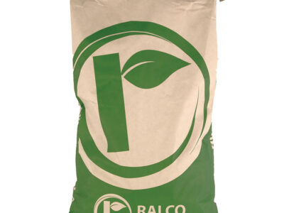 A large beige and green sack labeled "Ral-Calm" with a stylized leaf logo on the front. The full bag is sealed at the top with folded edges.