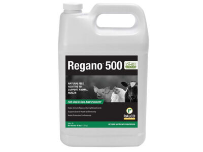 A white plastic jug labeled "Regano 500 OMRI Listed" with images of a piglet, lamb, chick, and cow is a natural feed additive for livestock and poultry, produced by Ralco.