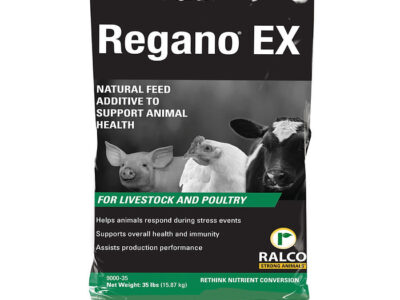 A black and white bag labeled "Regano EX Dry," a natural feed additive for livestock and poultry, displays pig, chicken, and cow images with text emphasizing health and immunity benefits.