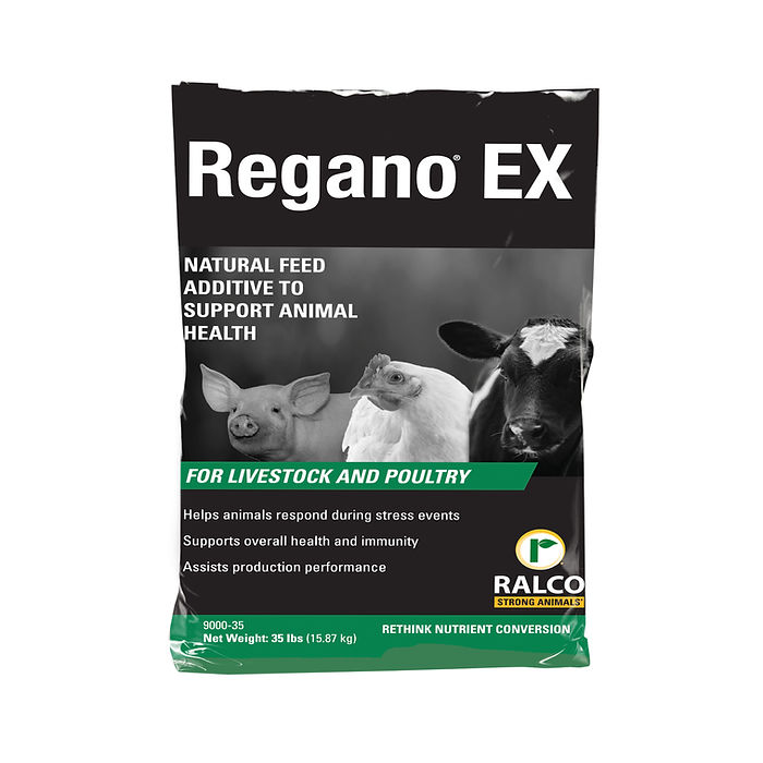 A black and white bag labeled "Regano EX Dry," a natural feed additive for livestock and poultry, displays pig, chicken, and cow images with text emphasizing health and immunity benefits.