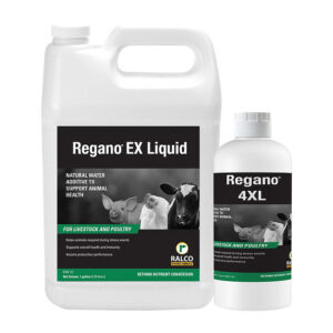 Two containers of Regano EX Liquid animal health product are shown: a large jug and a smaller bottle, both for livestock and poultry health, featuring images of farm animals on the labels.