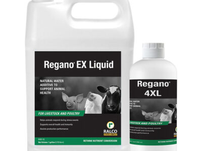 Two containers of Regano EX Liquid animal health product are shown: a large jug and a smaller bottle, both for livestock and poultry health, featuring images of farm animals on the labels.