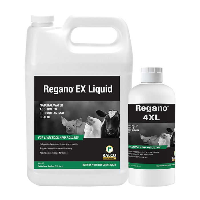 Two containers of Regano EX Liquid animal health product are shown: a large jug and a smaller bottle, both for livestock and poultry health, featuring images of farm animals on the labels.