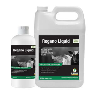 Two containers of Regano Liquid OMRI Listed, a natural water additive for livestock and poultry, display images of a piglet, chicken, and cow. The larger container has a handle and both feature the Ralco brand.