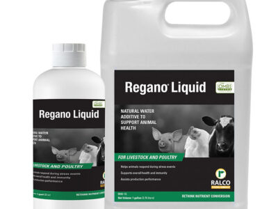 Two containers of Regano Liquid OMRI Listed, a natural water additive for livestock and poultry, display images of a piglet, chicken, and cow. The larger container has a handle and both feature the Ralco brand.