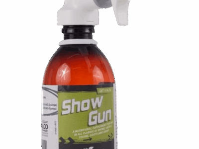 A brown bottle labeled "Show Gun" features a green and white label and a white plastic pump dispenser for accurate, automatic dosing.