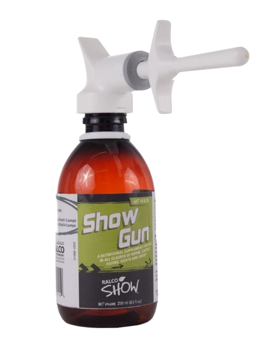 A brown bottle labeled "Show Gun" features a green and white label and a white plastic pump dispenser for accurate, automatic dosing.