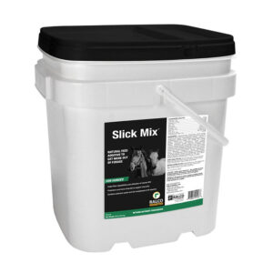 A white plastic container with black lid and handle, labeled "Slick Mix" natural horse feed additive. The label shows a horse image and product details in white and green text.