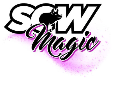 The Sow Magic logo features bold black "SOW" lettering with a pig silhouette in the "O." Below, "Magic" is elegantly scripted with a purple outline and backed by a splash of purple paint.