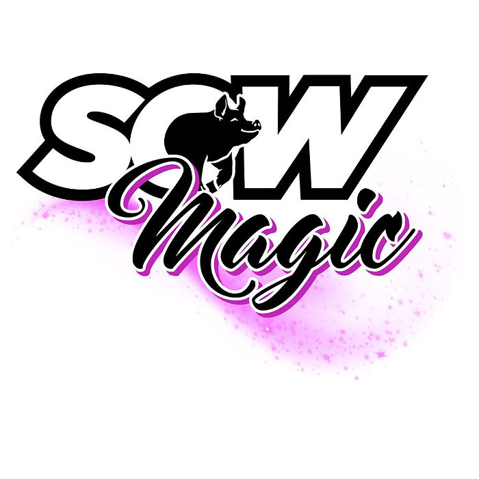 The Sow Magic logo features bold black "SOW" lettering with a pig silhouette in the "O." Below, "Magic" is elegantly scripted with a purple outline and backed by a splash of purple paint.