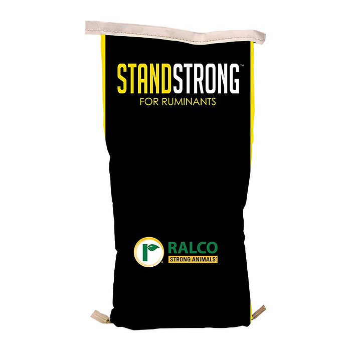 A black Stand Strong for Ruminants for Cow/Calf bag with yellow text.