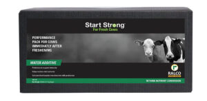 A product box labeled "Start Strong For Fresh Cows" features images of two cows and text highlighting its use as a performance pack and water additive for cows after freshening. The Ralco logo is displayed.
