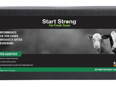 A product box labeled "Start Strong For Fresh Cows" features images of two cows and text highlighting its use as a performance pack and water additive for cows after freshening. The Ralco logo is displayed.