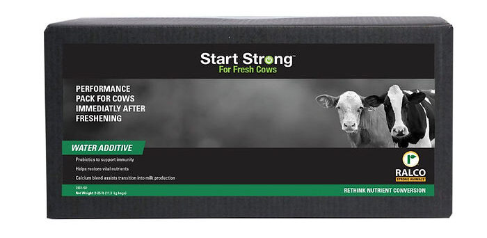 A product box labeled "Start Strong For Fresh Cows" features images of two cows and text highlighting its use as a performance pack and water additive for cows after freshening. The Ralco logo is displayed.