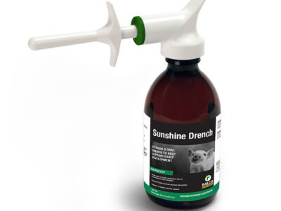Sunshine Drench comes in a brown bottle with a white and green dosing syringe, features a goat on the label, and provides vitamin D benefits to support healthy development in pets.