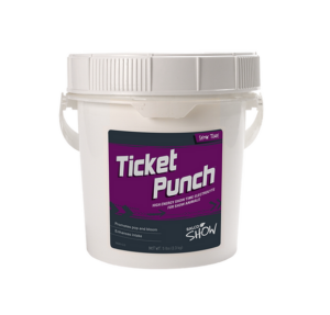 Ticket Punch is a white plastic container with handles, labeled "Ticket Punch" and featuring a purple and black design, containing high energy show time electrolytes for show animals.