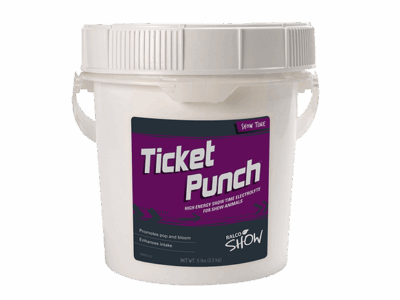 Ticket Punch is a white plastic container with handles, labeled "Ticket Punch" and featuring a purple and black design, containing high energy show time electrolytes for show animals.