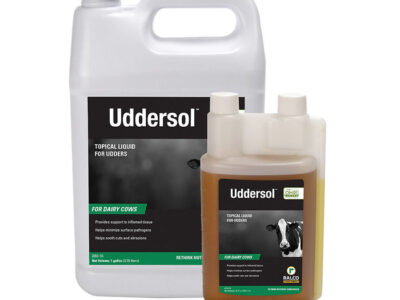 Two containers of Uddersol OMRI Listed topical liquid for dairy cow udders—one large, one smaller with measuring compartments—both labeled with product info and a cow image on the front.