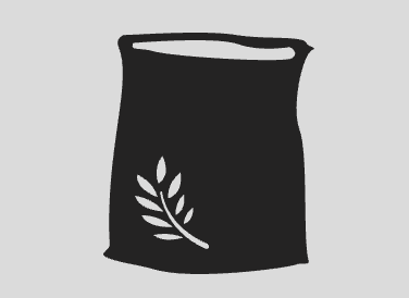 A simple black silhouette of a sack with an open top, featuring a white wheat stalk symbol on the front, set against a light gray background.
