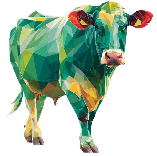 A colorful, geometric illustration of a cow, featuring shades of green, yellow, blue, and red, with a faceted, polygonal design on a white background.