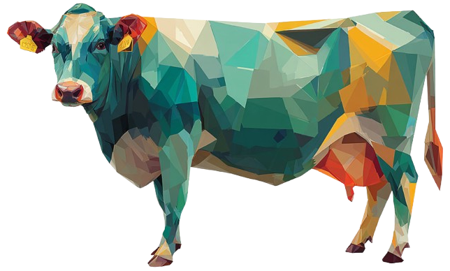A geometric, multicolored illustration of a cow, featuring angular shapes in shades of blue, green, orange, and yellow, standing on a white background.