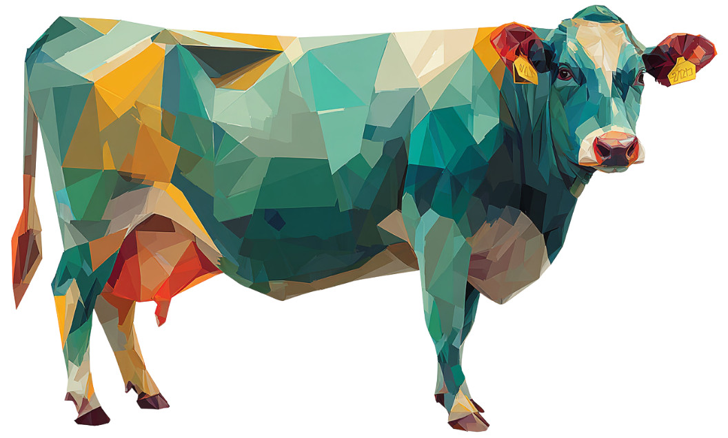 A geometric, low-poly illustration of a cow featuring shades of teal, green, orange, yellow, and red, standing and facing forward on a white background.