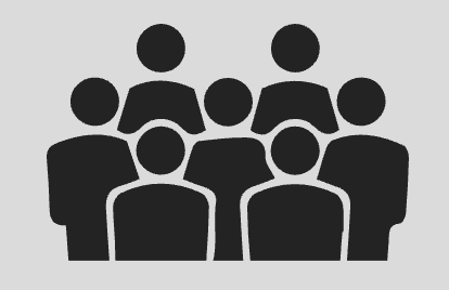 Simple black silhouette icon of eight people, arranged in two rows, on a light gray background.