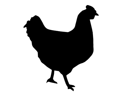 A solid black silhouette of a chicken facing to the right, showing its profile with a distinct comb, beak, body, and legs.