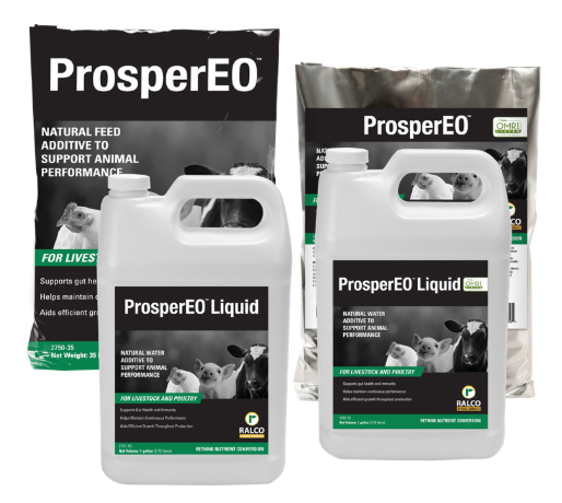 Two large containers and two bags of ProsperEO animal feed additive products are shown, featuring images of livestock on the labels. The packaging highlights that the product supports animal performance.