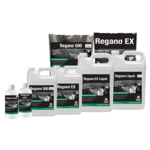 A range of Regano animal feed supplements in various container sizes, including bottles, jugs, and large bags, displayed together with black, white, and green labels.