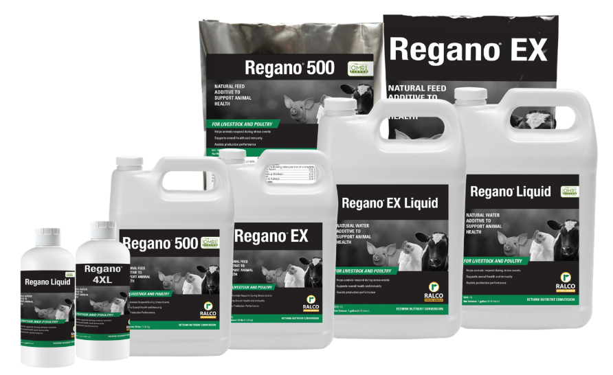 A variety of Regano animal feed additive products in different sizes and packaging, including bottles, jugs, and bags, all labeled for use in livestock and poultry.