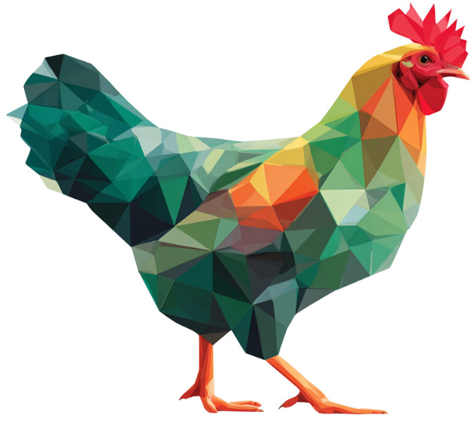 A colorful, geometric, low-poly illustration of a chicken with shades of green, yellow, orange, and red, standing on two legs and facing right on a white background.