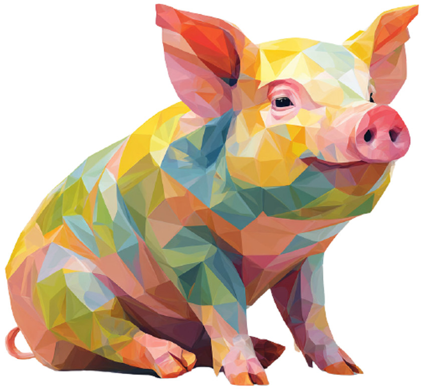 A colorful, geometric low-poly illustration of a pig sitting and facing slightly to the right, featuring vibrant shades of pink, yellow, green, blue, and orange.