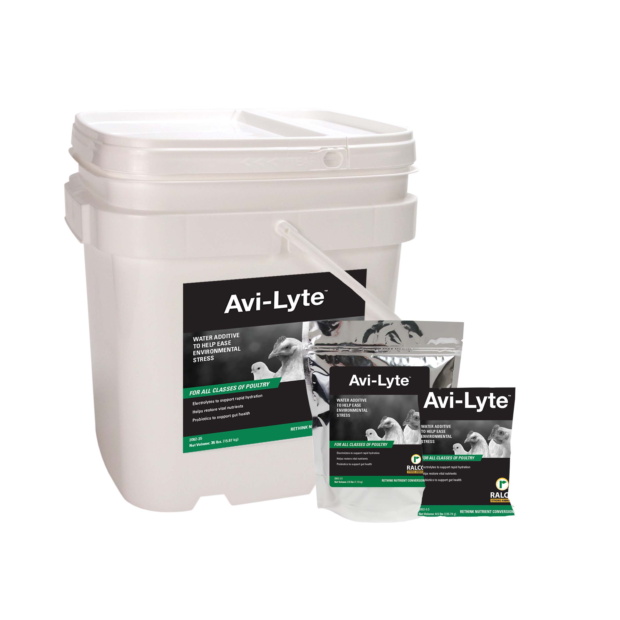A white plastic container and two packets, all labeled "Avi-Lyte," a water additive for poultry. The packaging features images of birds and green and black design elements.