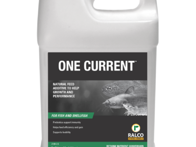 A white 2.5-gallon jug labeled "One Current" features fish and shellfish images. It highlights: "Natural feed additive," "for fish and shellfish," and "supports immunity, growth & efficiency." Ralco logo appears at the bottom.