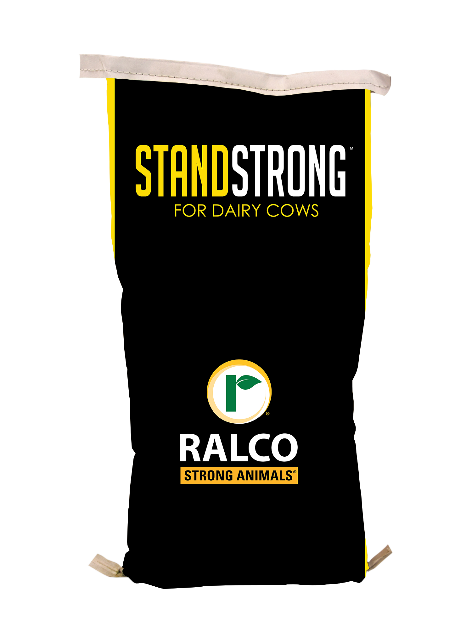 A black and yellow feed bag labeled "STANDSTRONG for Dairy Cows" with the Ralco logo and the phrase "Strong Animals" on the front.